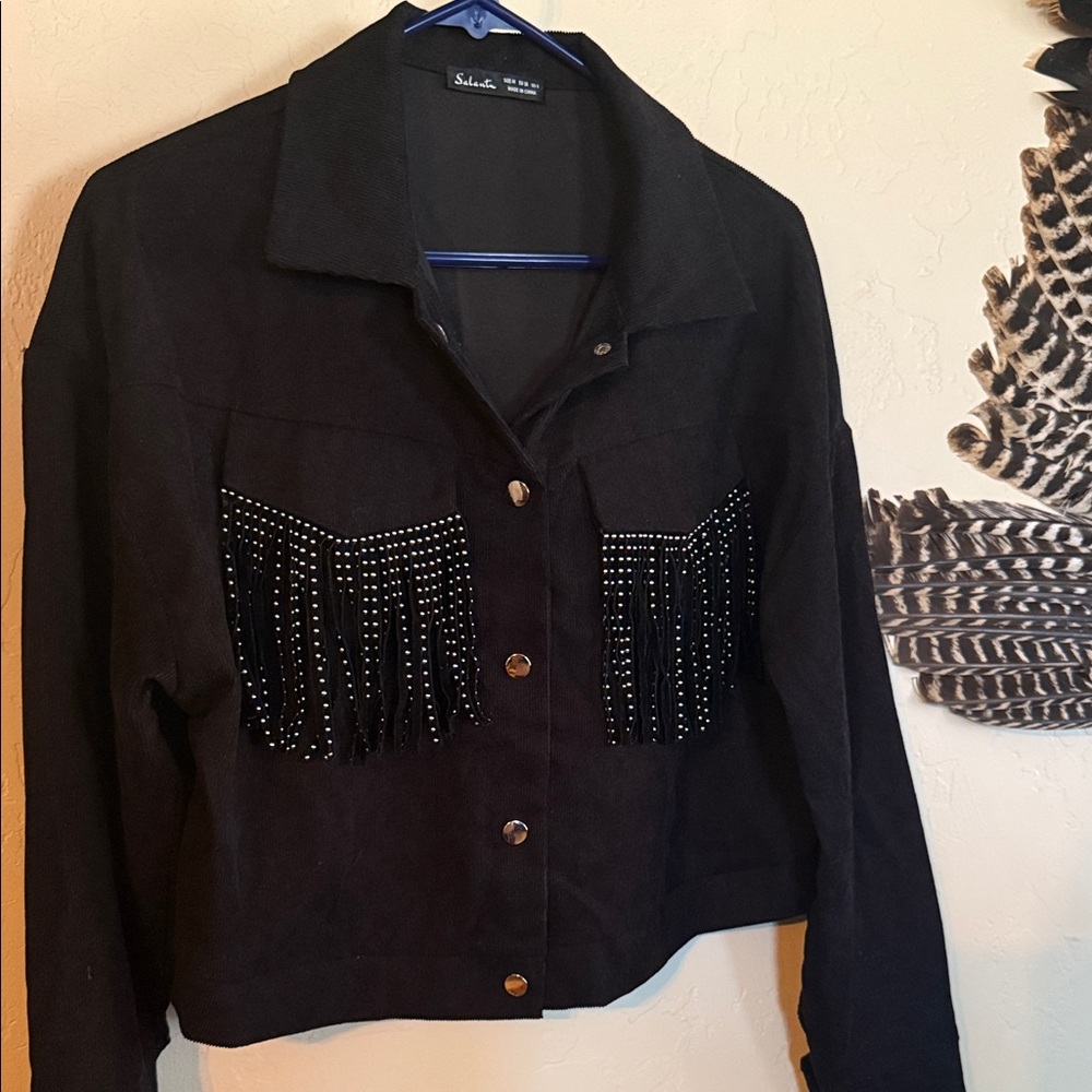 Stylish Black Fringe Button Down Shirt